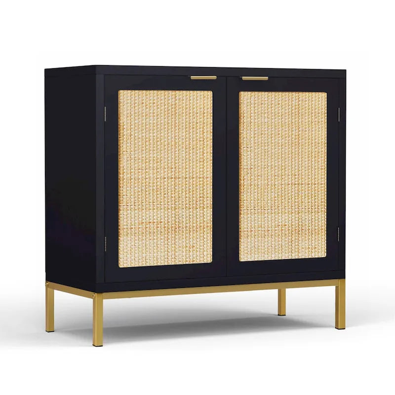 Bahut/Buffet armoire d'appoint Mid-Century Modern en bois noir et rotin avec 2 portes