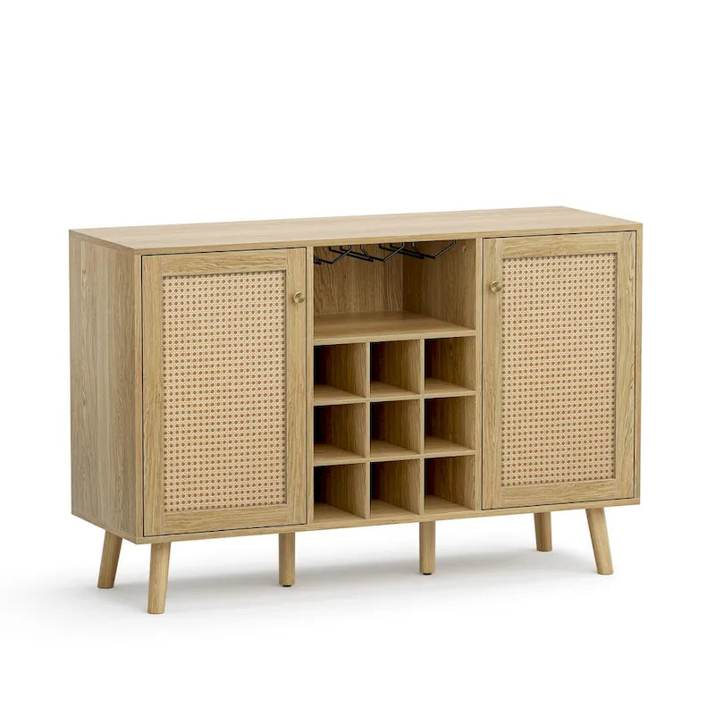 Buffet de cuisine bahut de ferme en bois rotin à 2 portes avec rangement, casier à vin et porte-verres